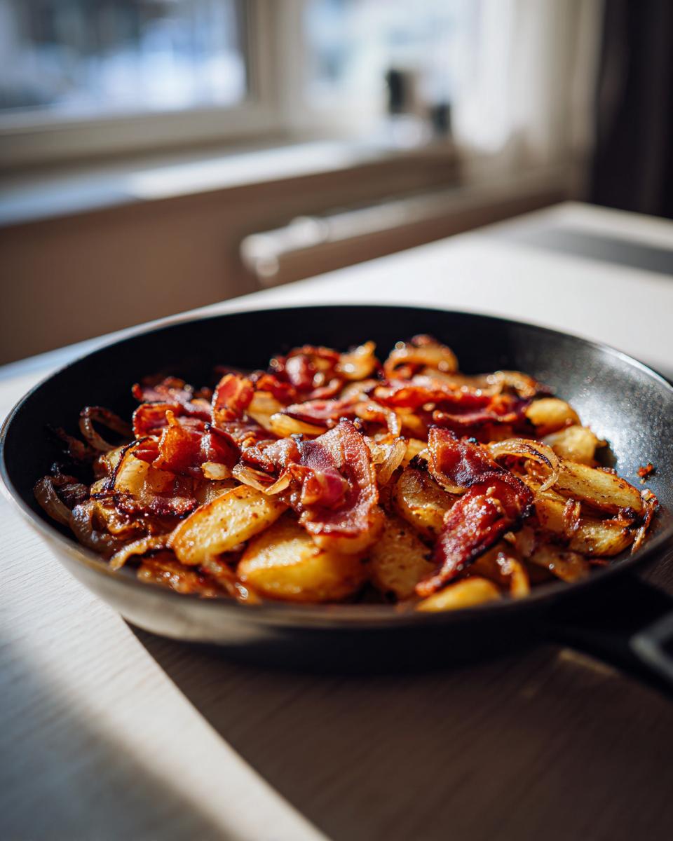 Eine dunkle Pfanne gefüllt mit goldbraun gebratenen Kartoffeln, Zwiebeln und knusprigem Speck als Tiroler Gröstl.