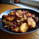 Nahaufnahme von knusprig gebratenen Kartoffelscheiben mit Zwiebeln und Speck, das fertige Tiroler Gröstl.