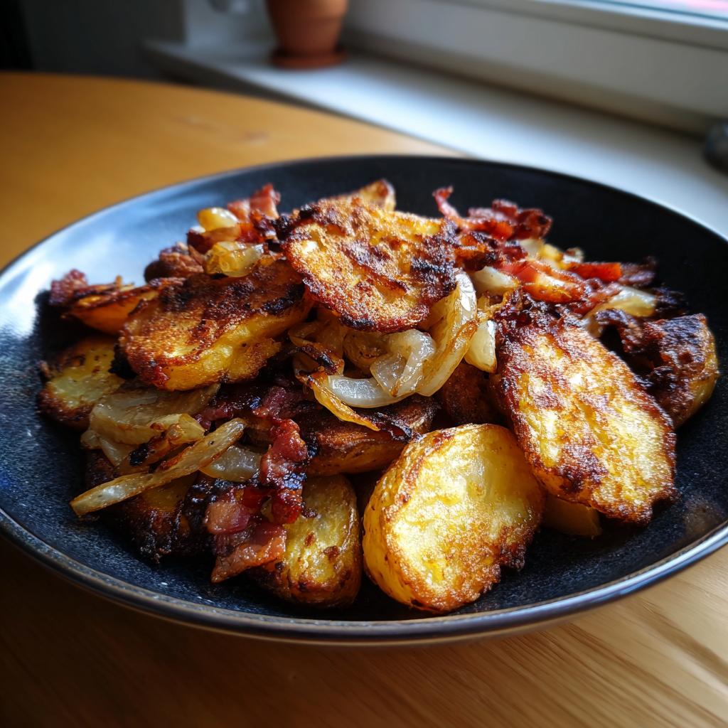 Nahaufnahme von knusprig gebratenen Kartoffelscheiben mit Zwiebeln und Speck, das fertige Tiroler Gröstl.