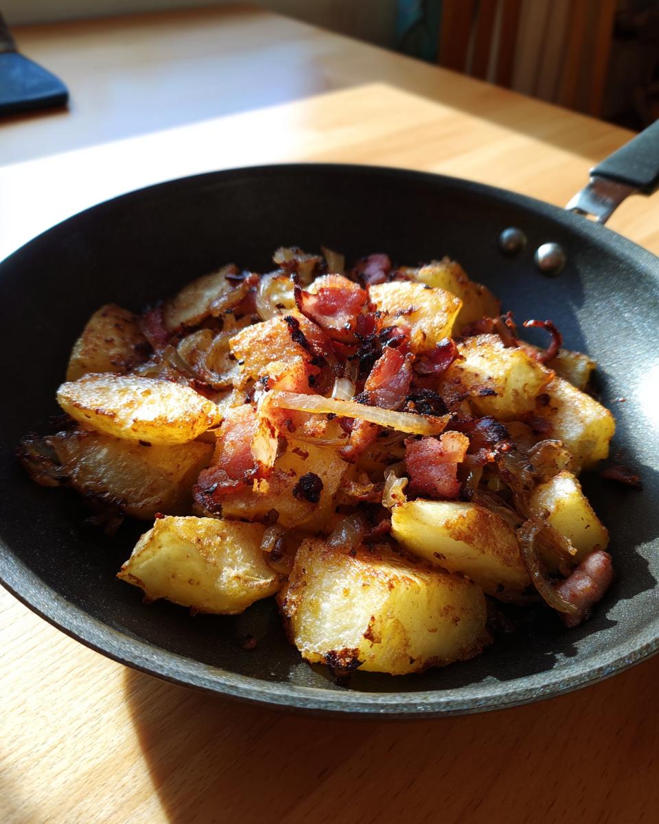 Nahaufnahme von goldbraun gebratenen Kartoffeln mit Speck und Zwiebeln – das fertige Tiroler Gröstl.