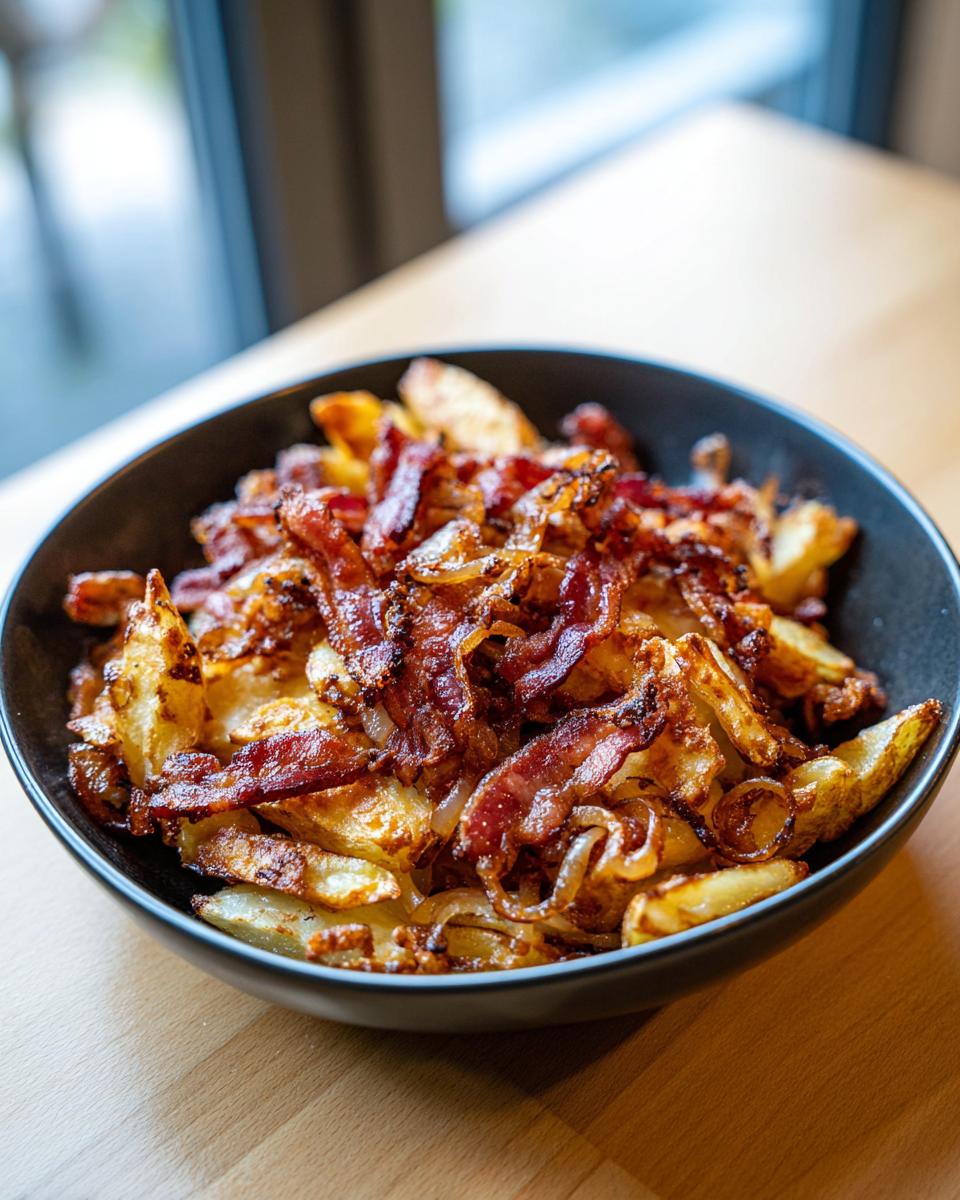 Nahaufnahme von knusprig gebratenem Tiroler Gröstl mit Speck und Zwiebeln in einer schwarzen Schüssel.