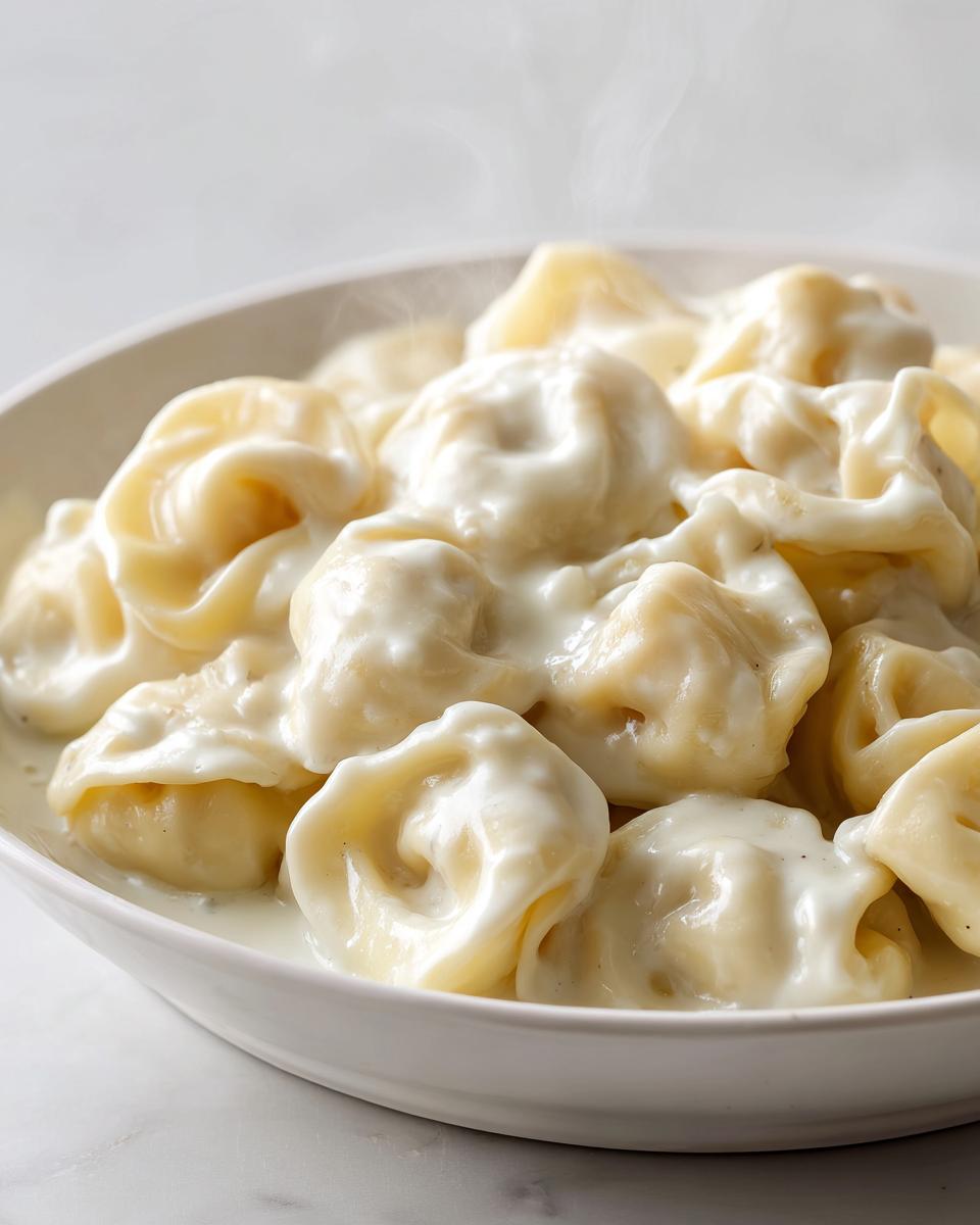 Ein Teller dampfender Tortellini in einfacher Sahnesauce, cremig und appetitlich.