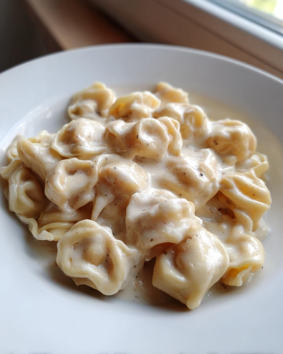 Nahaufnahme von Tortellini in einfacher Sahnesauce auf einem weißen Teller, cremig und perfekt gewürzt.