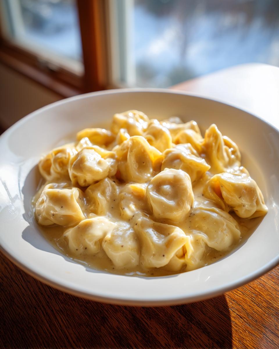 Nahaufnahme von Tortellini mit Sahne und Käse in einer weißen Schüssel auf einem Holztisch.