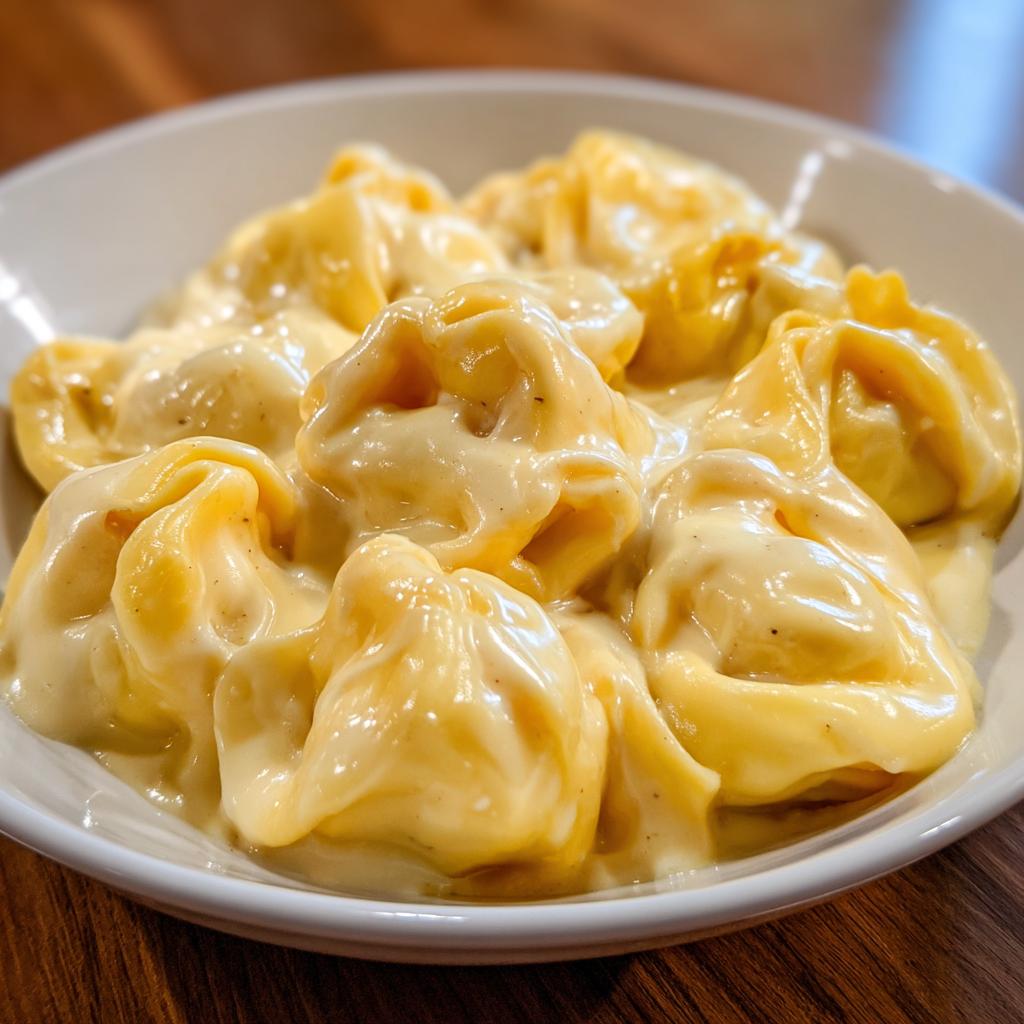 Nahaufnahme von saftigen Tortellini mit Sahne und Käse in einer weißen Schüssel.