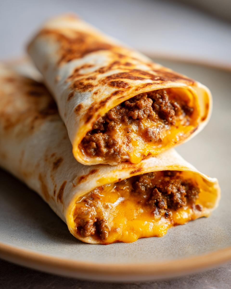 Nahaufnahme von zwei angeschnittenen Tortilla-Wraps mit Hackfleisch und geschmolzenem Käse.
