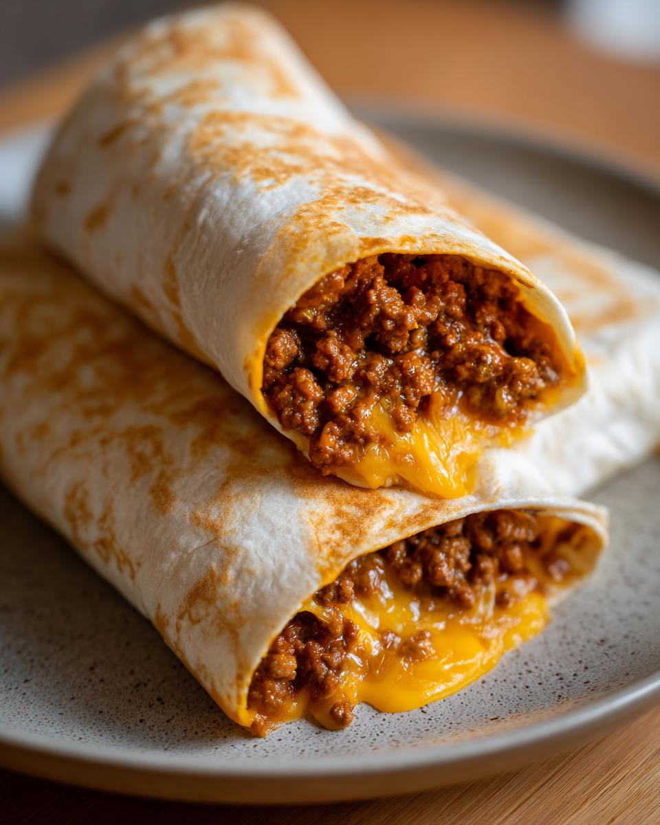 Nahaufnahme von zwei angeschnittenen Tortilla-Wraps mit Hackfleisch und geschmolzenem Käse.