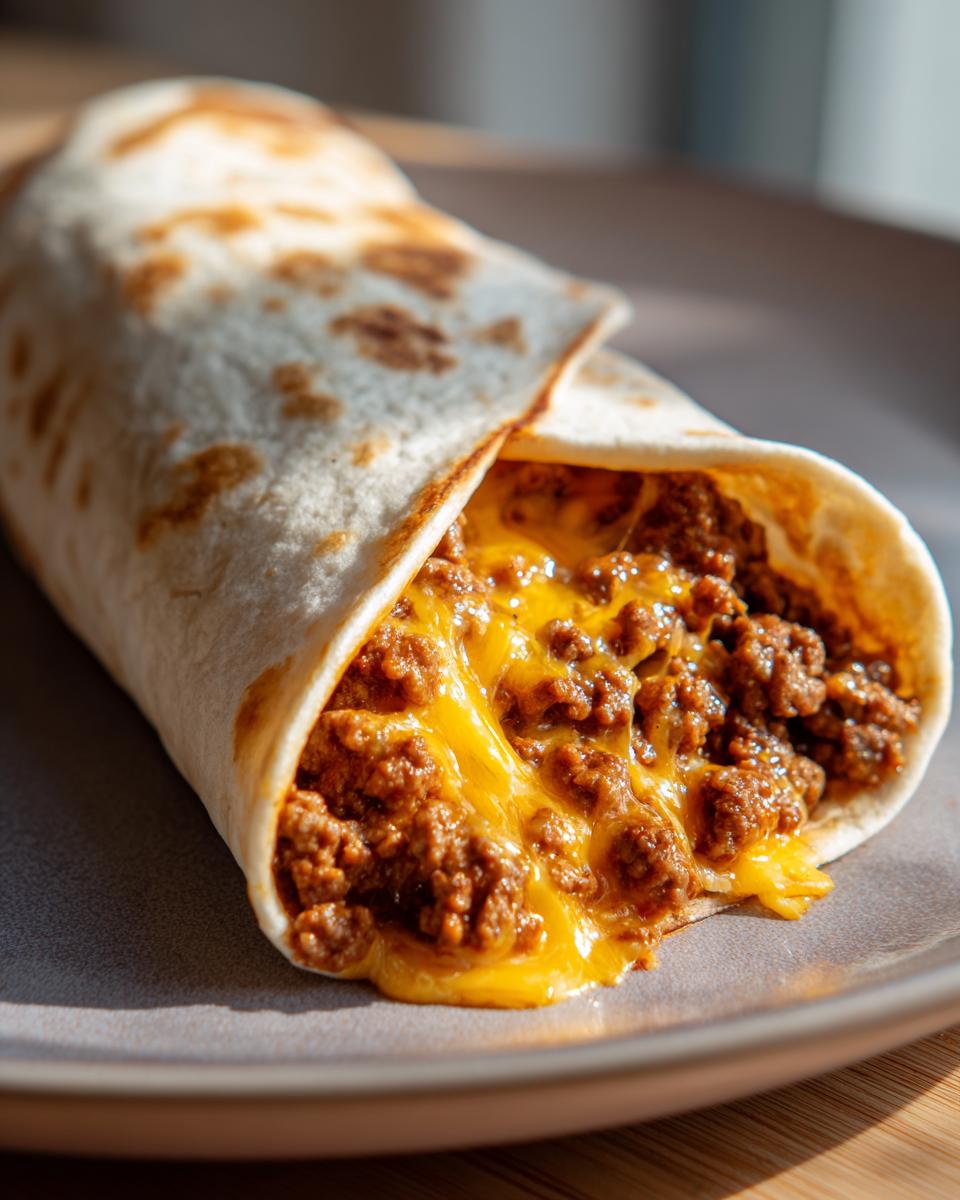 Nahaufnahme eines Tortilla-Wraps, gefüllt mit würzigem Hackfleisch und geschmolzenem Käse.