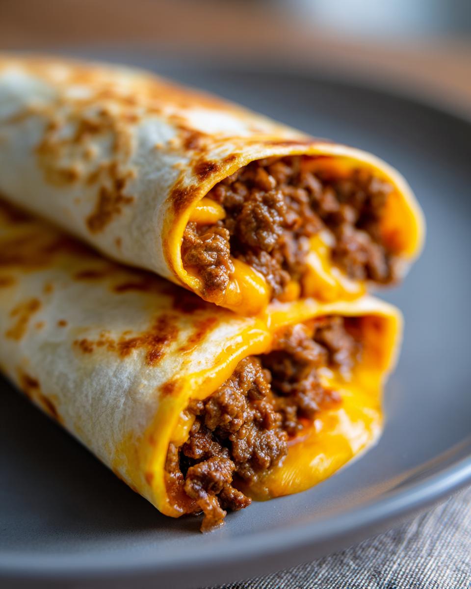 Zwei goldbraun gebratene Tortilla-Wraps mit Hackfleisch und geschmolzenem Käse, angeschnitten auf einem grauen Teller.