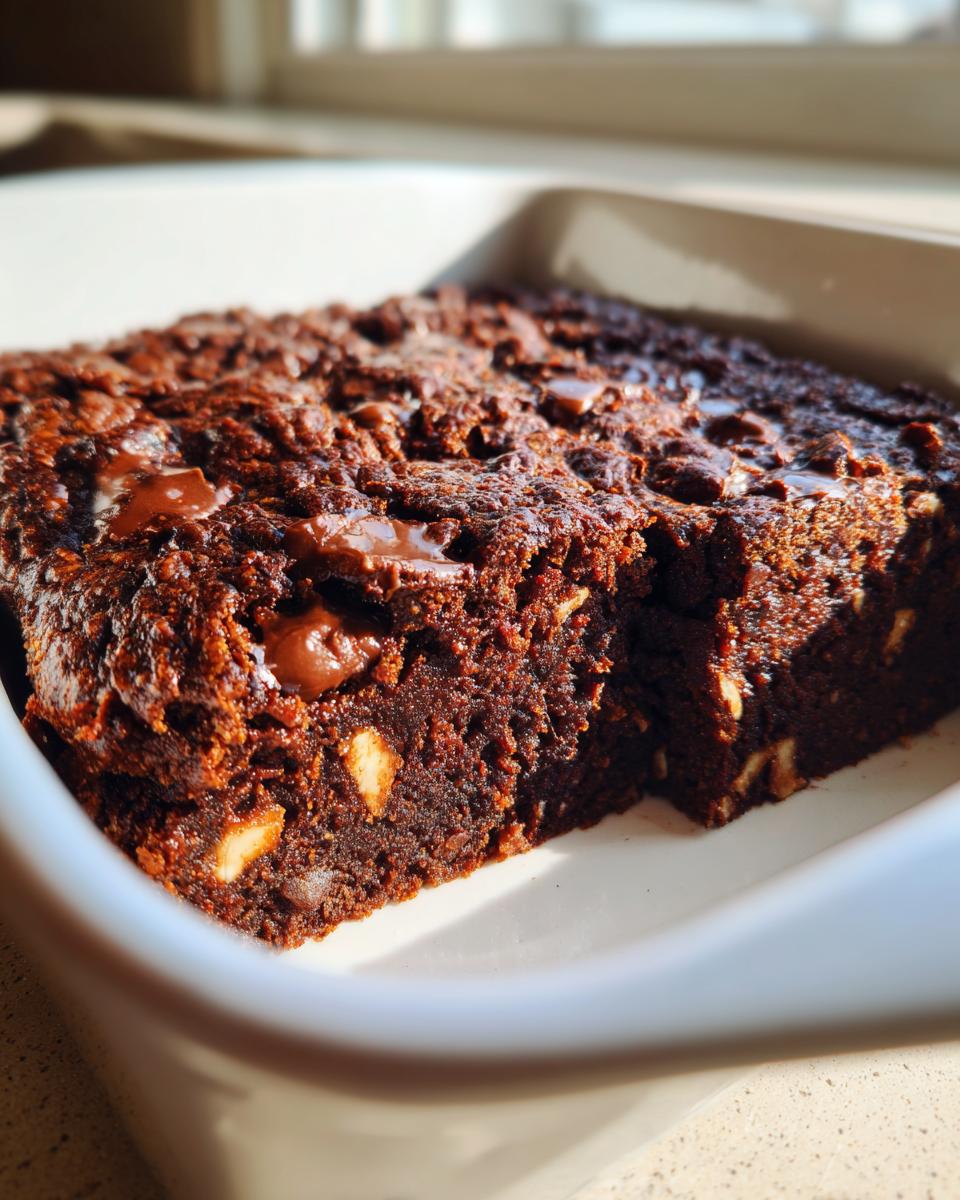 Nahaufnahme des gebackenen Triple-Chocolate-Baked-Oats mit geschmolzenen Schokostückchen in einer weißen Form.