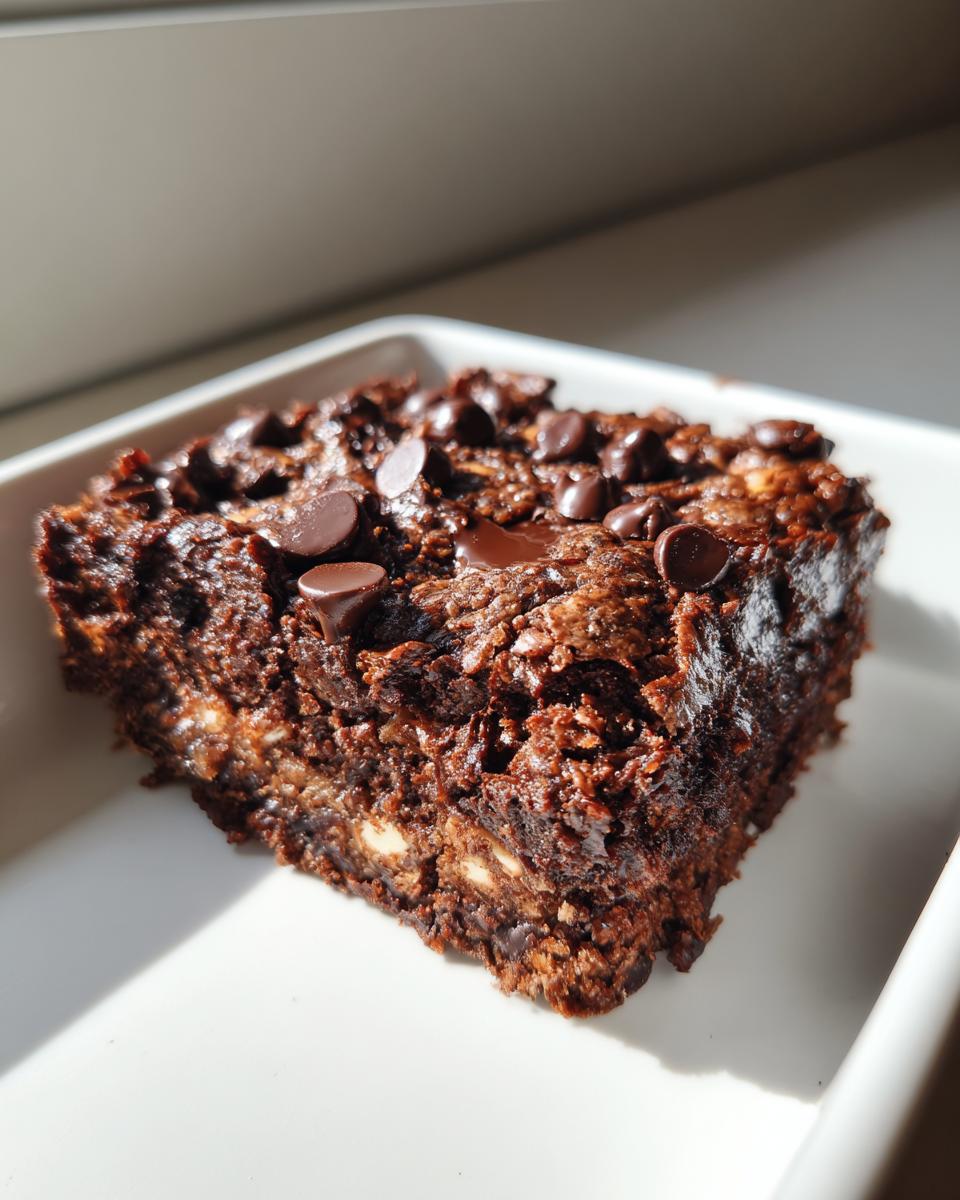 Nahaufnahme eines saftigen Stücks Triple-Chocolate-Baked-Oats mit geschmolzenen Schokostückchen.