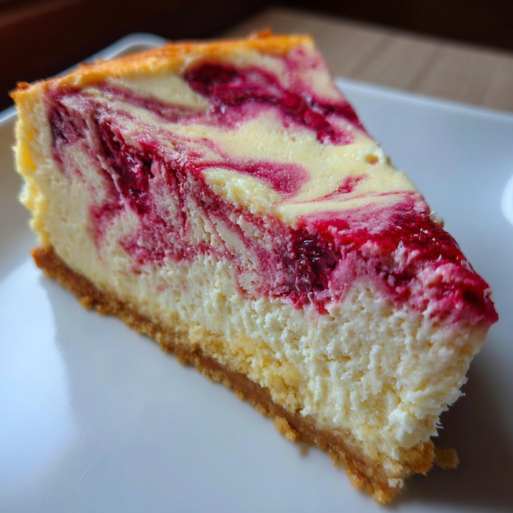 Nahaufnahme eines cremigen Stücks Vanille-Himbeer-Marmor-Cheesecake mit schönem Himbeermuster auf einem weißen Teller.