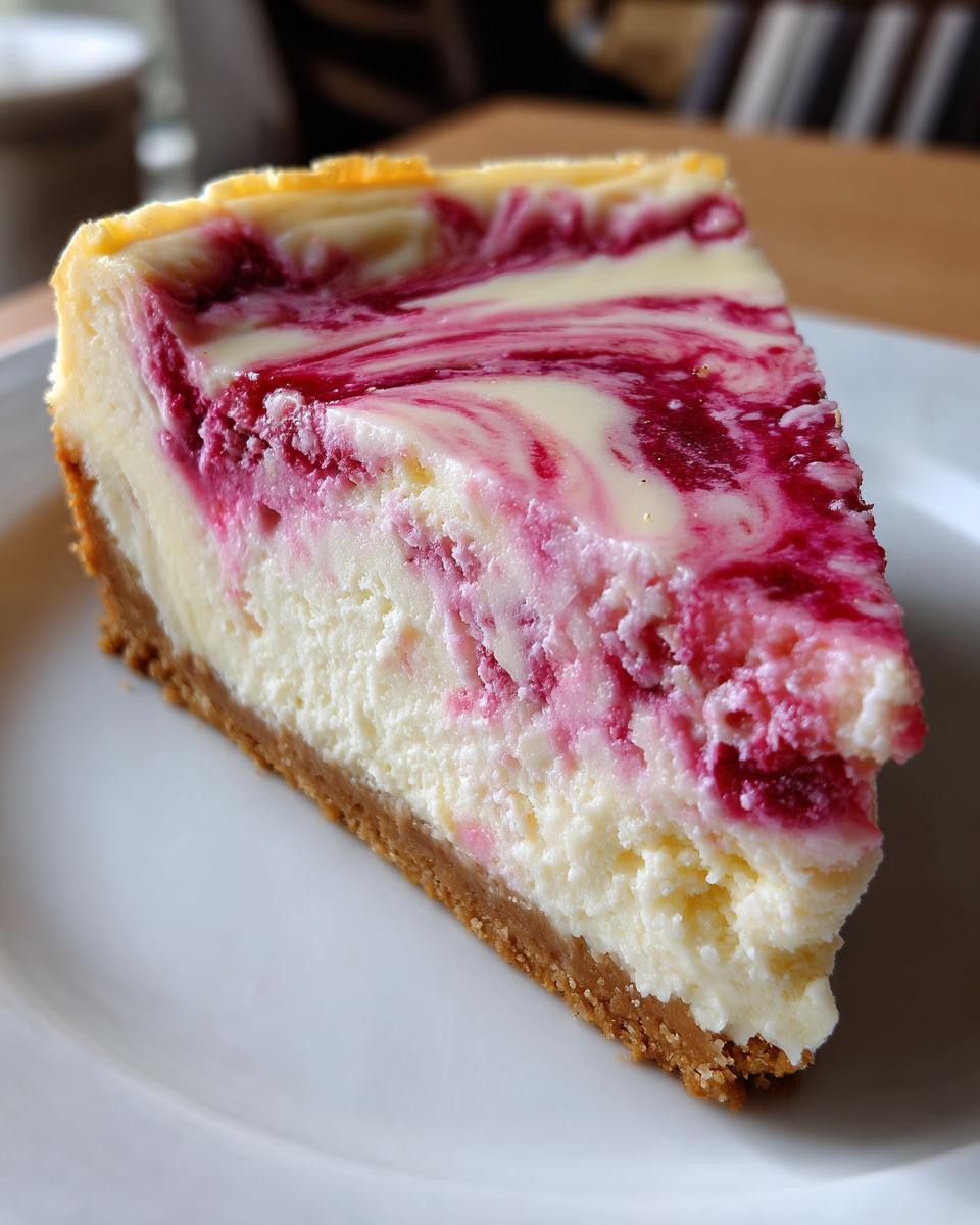 Nahaufnahme eines cremigen Stücks Vanille-Himbeer-Marmor-Cheesecake mit intensivem Himbeermuster auf einem weißen Teller.