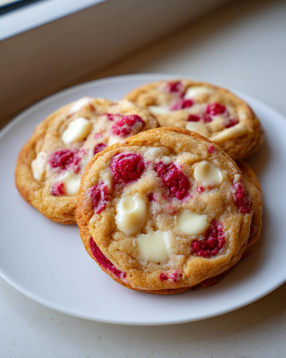 Nahaufnahme von drei saftigen Weiße-Schokolade-Himbeer-Cookies mit geschmolzener weißer Schokolade und leuchtend roten Himbeerstücken.