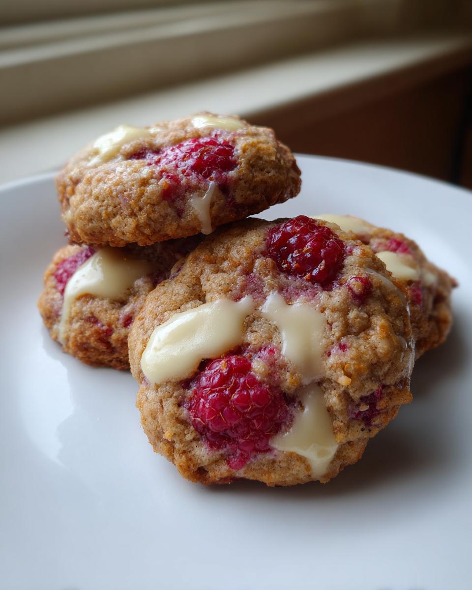 Nahaufnahme von drei saftigen Weiße-Schokolade-Himbeer-Cookies mit geschmolzener weißer Schokolade und ganzen Himbeeren.