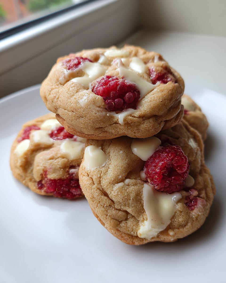 Nahaufnahme von gestapelten, weichen Weiße-Schokolade-Himbeer-Cookies mit geschmolzener weißer Schokolade und ganzen Himbeeren.
