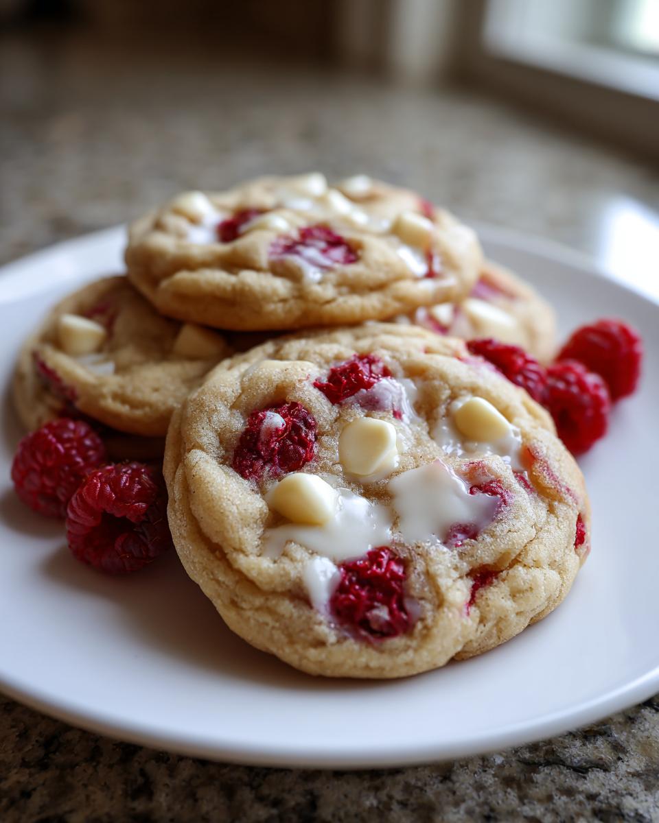 Nahaufnahme von saftigen Weiße-Schokolade-Himbeer-Cookies mit geschmolzener Schokolade und frischen Himbeeren.