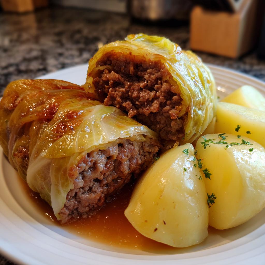 Zwei saftige Wirsingrouladen, eine davon angeschnitten, mit Fleischfüllung und Salzkartoffeln auf einem Teller.