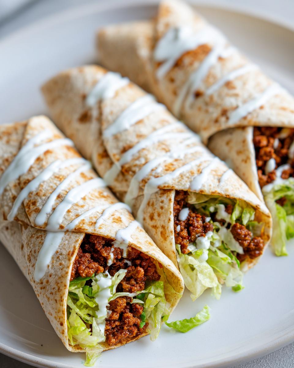 Drei fertige Wraps mit Hackfleisch, Salat und einem Guss aus Knoblauchcreme auf einem weißen Teller.