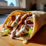 Nahaufnahme eines gefüllten Fladenbrots mit knusprigem Fleisch, Salat, roten Zwiebeln und viel Joghurt-Dressing – Wraps mit Gyrosgewürz und Joghurt.