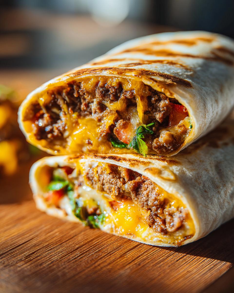 Aufgeschnittene Wraps mit Käse und Hackfleisch, die Füllung ist saftig und der Käse geschmolzen.