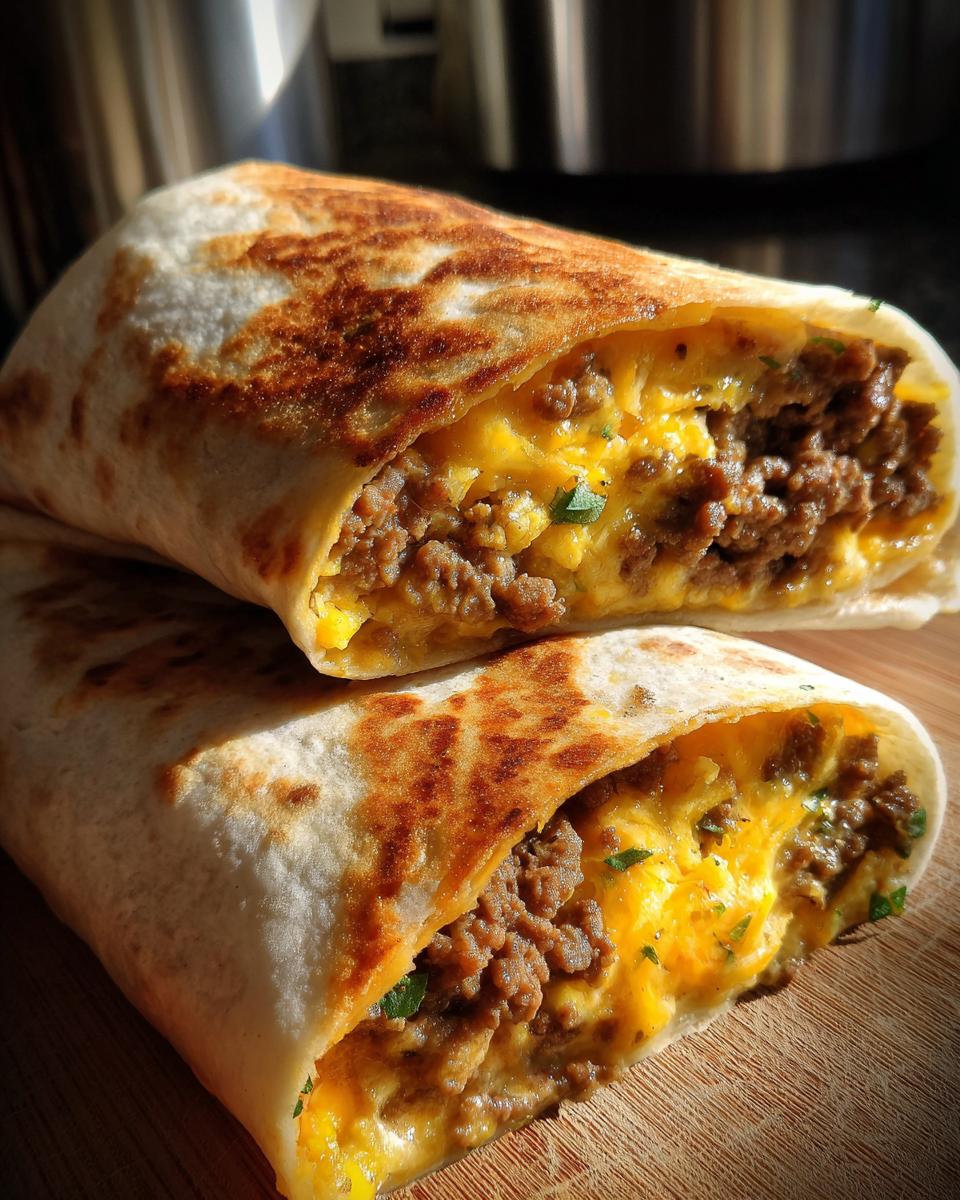 Zwei Hälften von saftigen Wraps mit Käse und Hackfleisch, goldbraun angebraten.