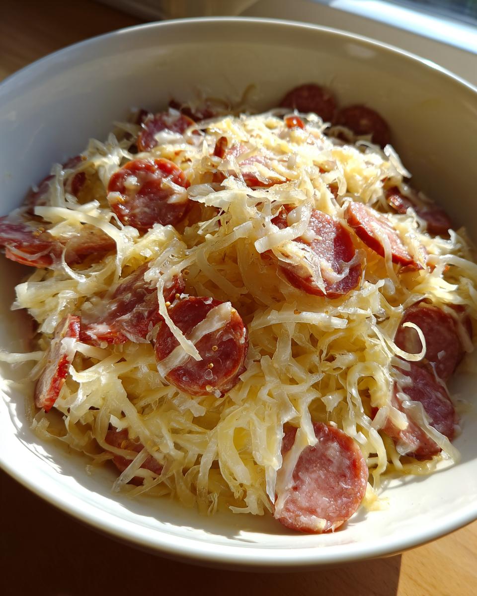 Nahaufnahme von Wurstsalat schwäbische Art in einer weißen Schüssel, reichlich belegt mit Wurstscheiben und geriebenem Käse.