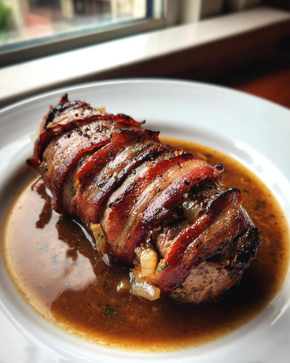 Eine einzelne, saftige Rinderroulade mit Speck-Zwiebel-Füllung in dunkler Soße auf einem weißen Teller.