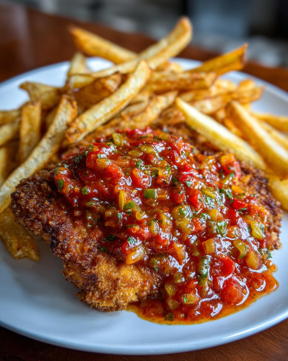 Knuspriges Zigeunerschnitzel mit bunter Paprikasoße und goldbraunen Pommes auf einem weißen Teller.