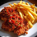 Zwei goldbraune Schnitzel bedeckt mit würziger Zigeunersoße, serviert mit knusprigen Pommes Frites.