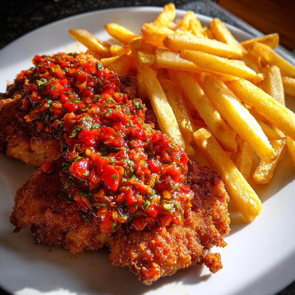 Zwei goldbraune Schnitzel bedeckt mit würziger Zigeunersoße, serviert mit knusprigen Pommes Frites.