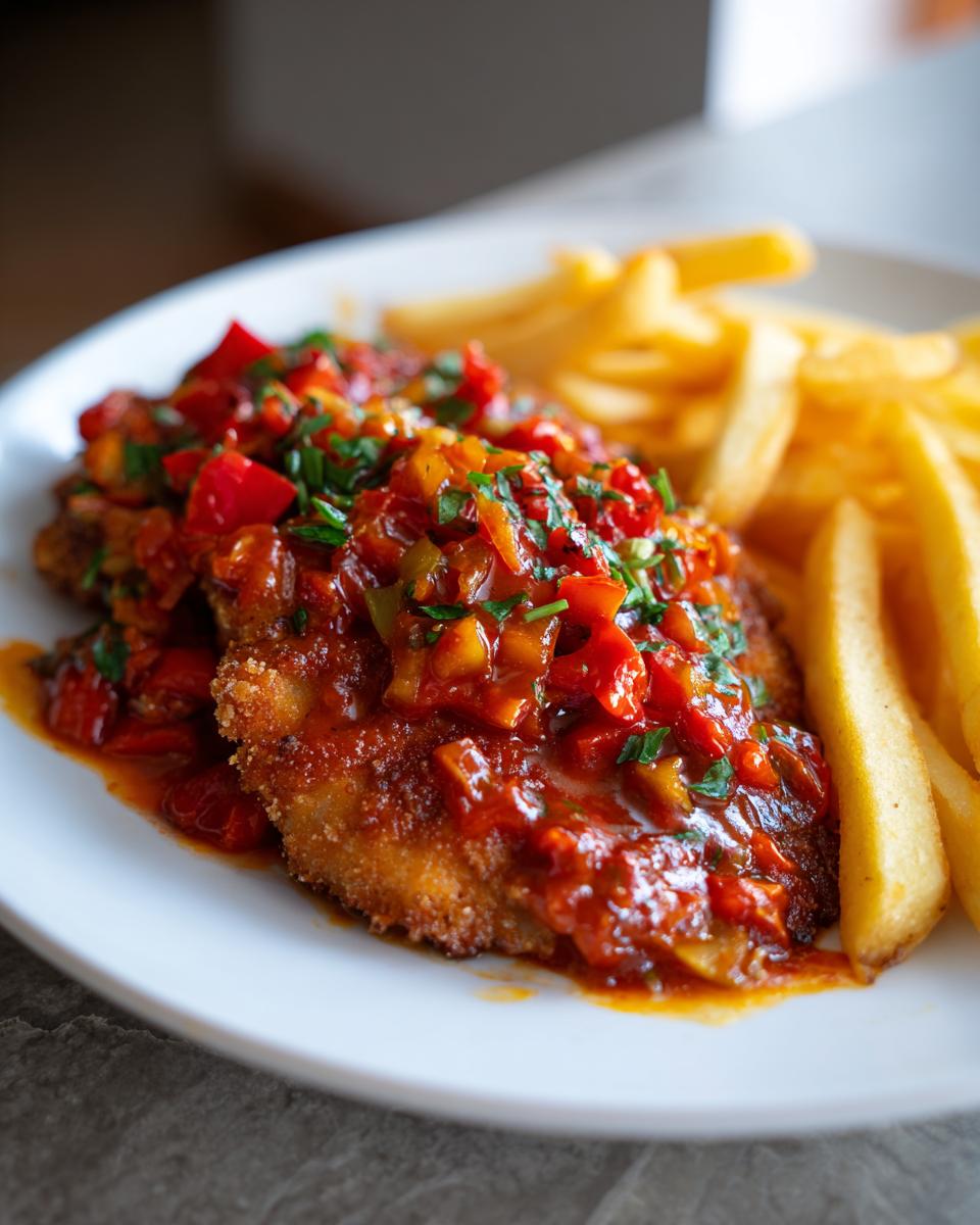 Ein paniertes Schnitzel übergossen mit bunter Paprikasoße, serviert mit knusprigen Pommes Frites – das beste Zigeunerschnitzel mit Pommes.