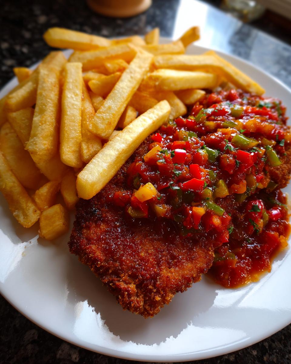Nahaufnahme eines panierten Zigeunerschnitzels mit bunter Paprikasoße und einer Portion knuspriger Pommes auf einem weißen Teller.
