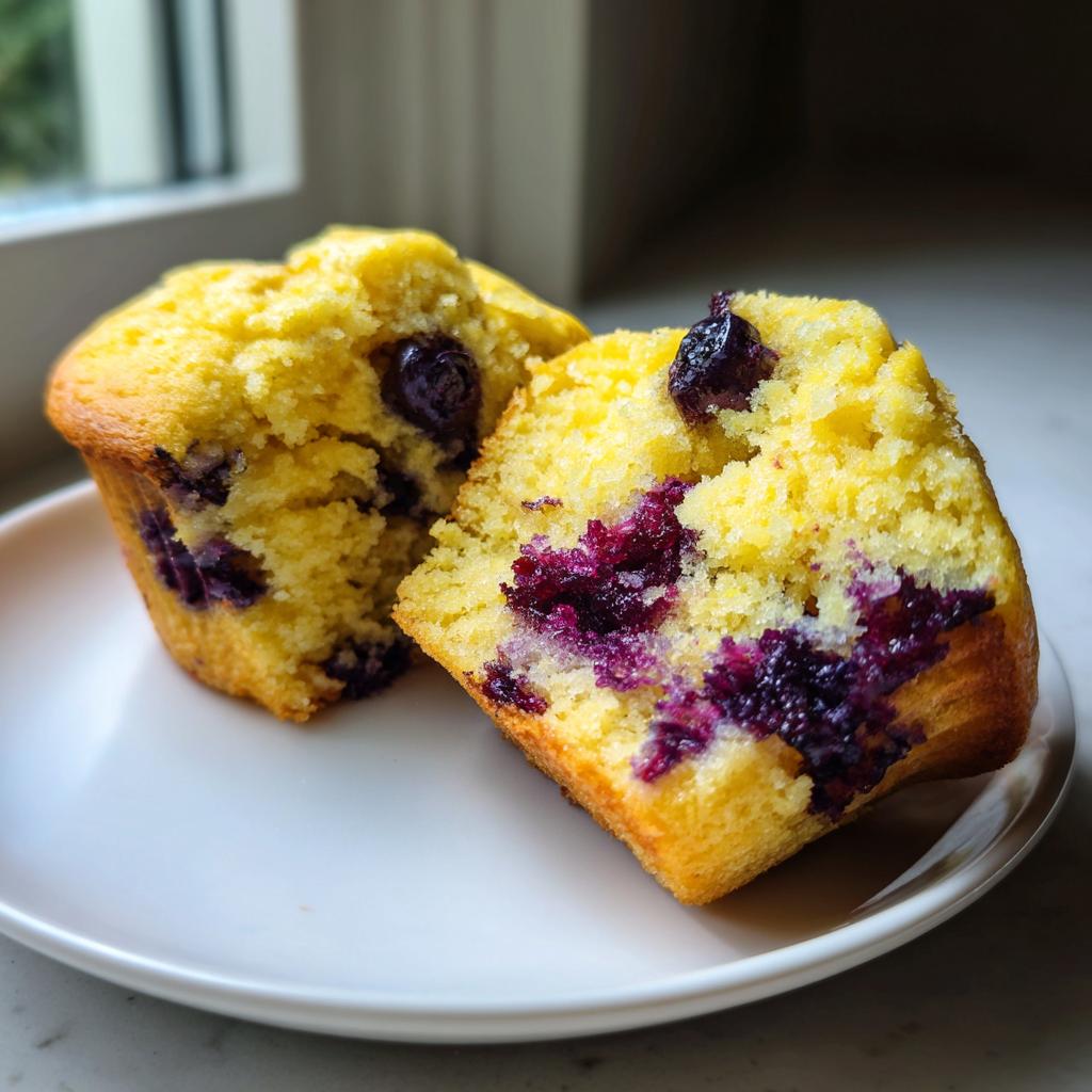 Nahaufnahme von zwei Zitronen-Blaubeer-Protein-Muffins, einer davon aufgeschnitten, um die saftige Textur und die Blaubeeren zu zeigen.