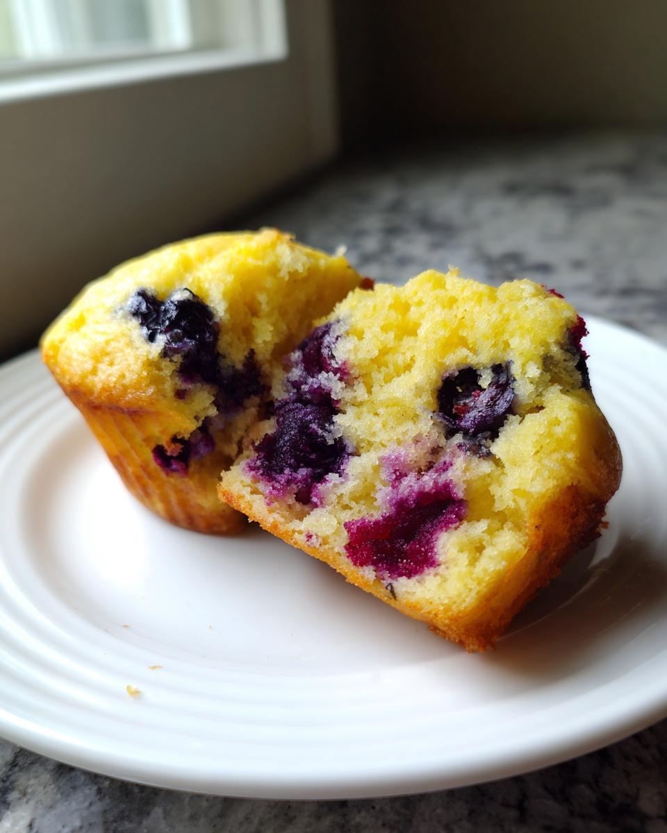 Nahaufnahme eines aufgeschnittenen Zitronen-Blaubeer-Protein-Muffins, der saftig mit lila Blaubeeren gefüllt ist.