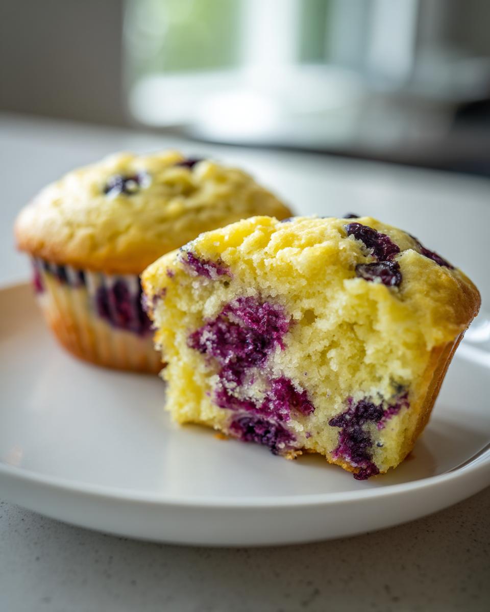 Nahaufnahme eines aufgeschnittenen Zitronen-Blaubeer-Protein-Muffins, der saftige Blaubeeren zeigt.