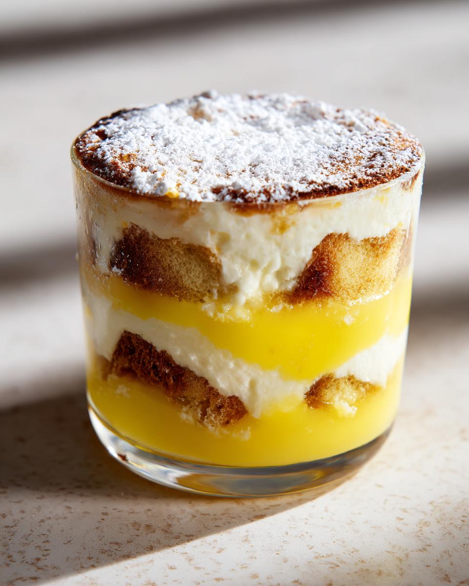 Nahaufnahme eines geschichteten Zitronen-Tiramisu im Glas mit hellem Zitronenpudding und Creme, bestäubt mit Puderzucker.