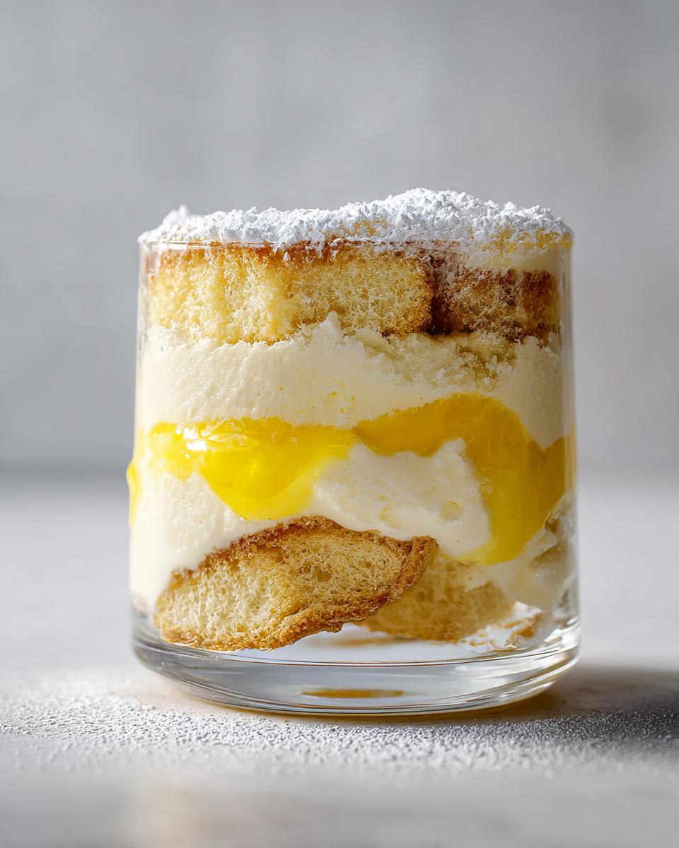 Nahaufnahme von einem schichtweisen Zitronen-Tiramisu im Glas mit Löffelbiskuits, Zitronencreme und Puderzuckerhaube.