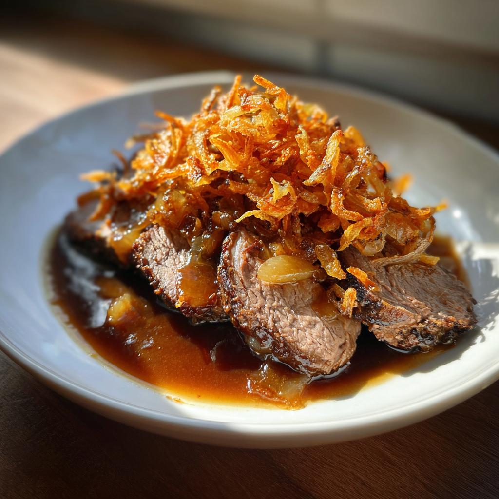 Zwei Scheiben Zwiebelrostbraten in dunkler Soße, reichlich belegt mit knusprigen Röstzwiebeln.