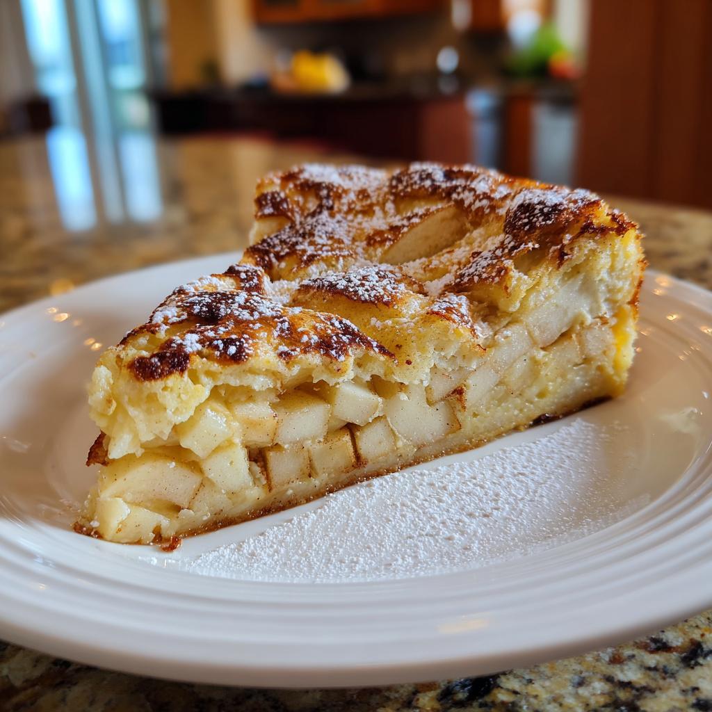 Ein dickes Stück Apfelpfannkuchen aus dem Ofen, reich gefüllt mit Apfelstücken und mit Puderzucker bestäubt.