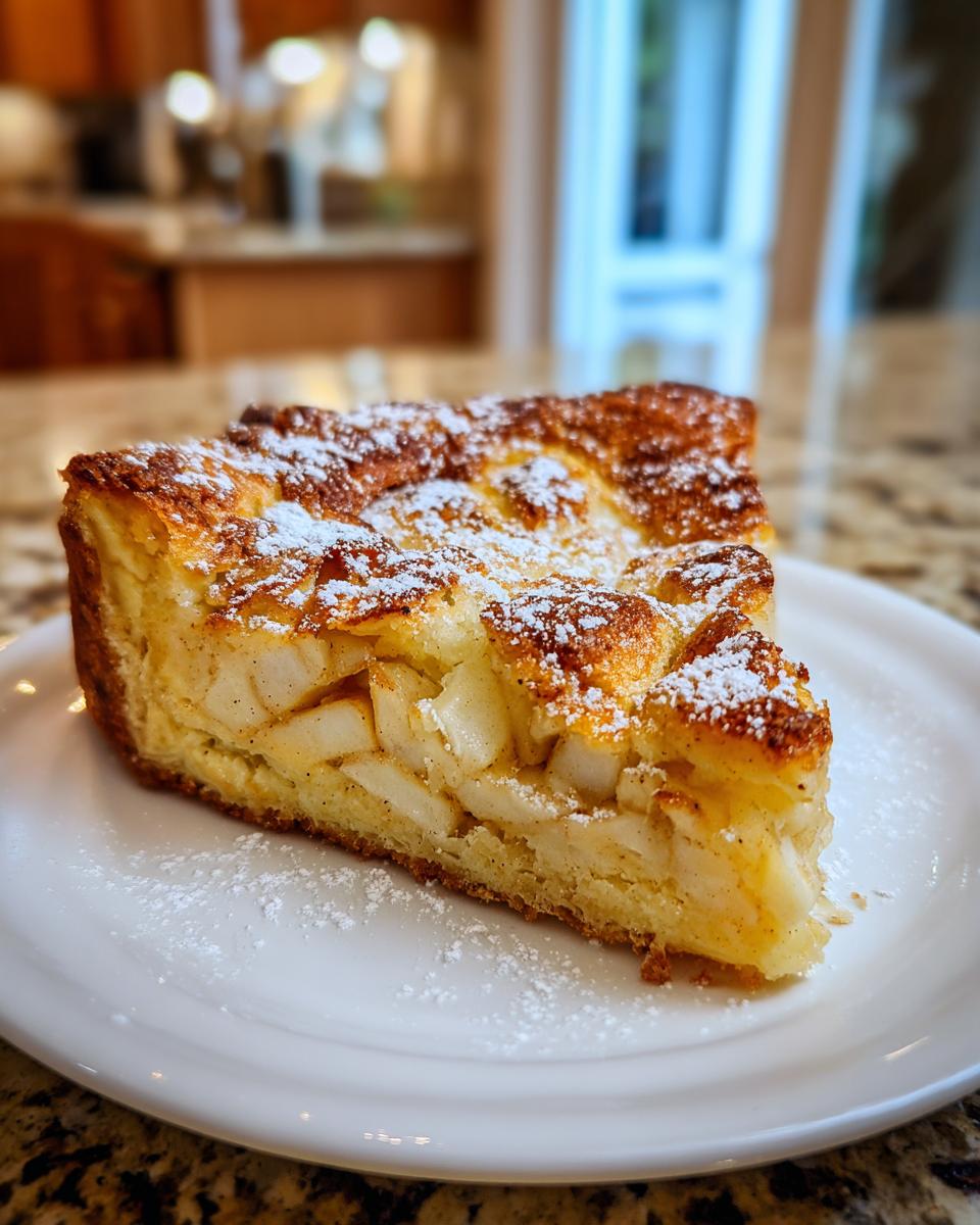 Ein dickes Stück Apfelpfannkuchen aus dem Ofen, reichlich mit Puderzucker bestreut, auf einem weißen Teller.
