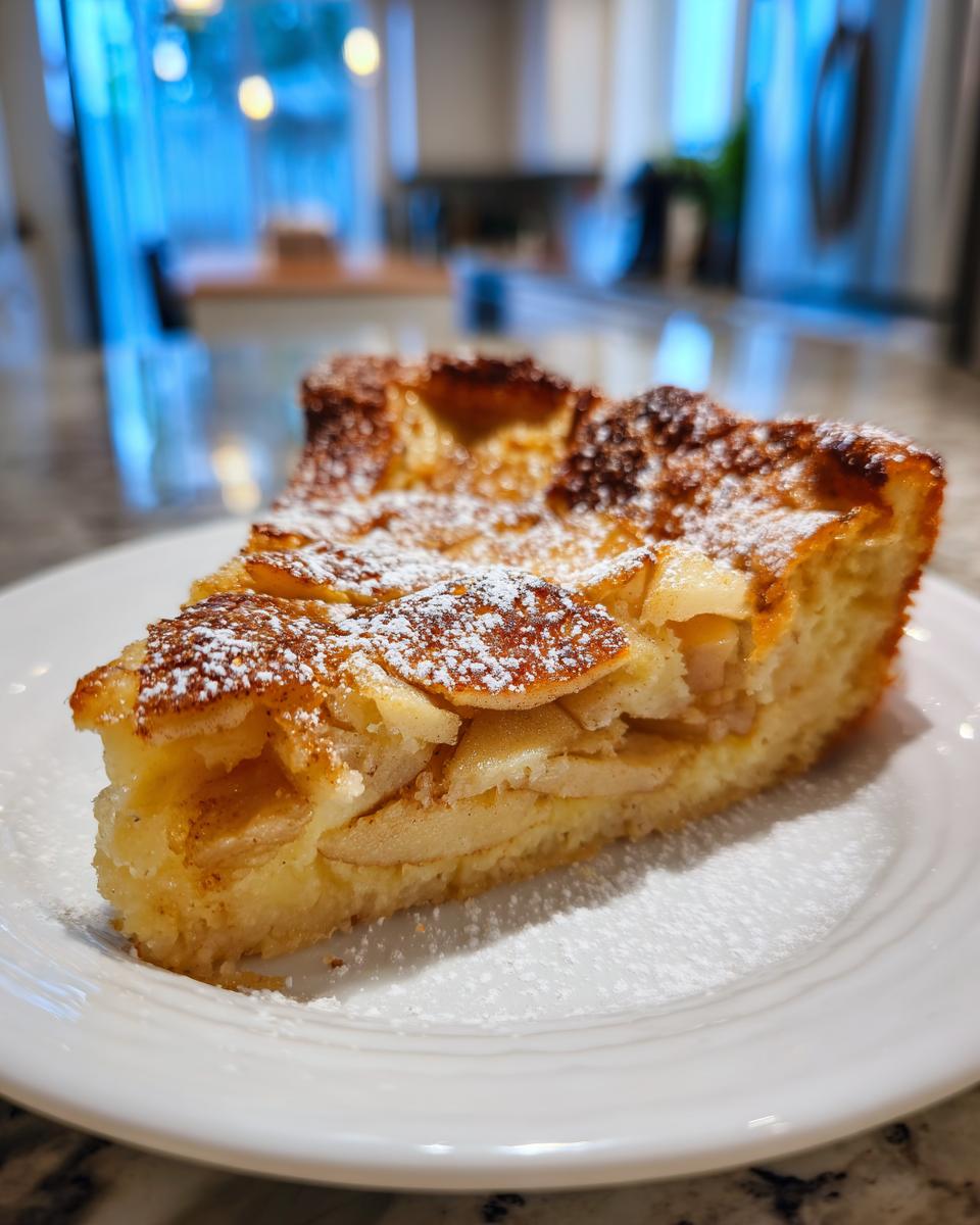 Ein saftiges Stück Apfelpfannkuchen aus dem Ofen, bestäubt mit Puderzucker, auf einem weißen Teller.