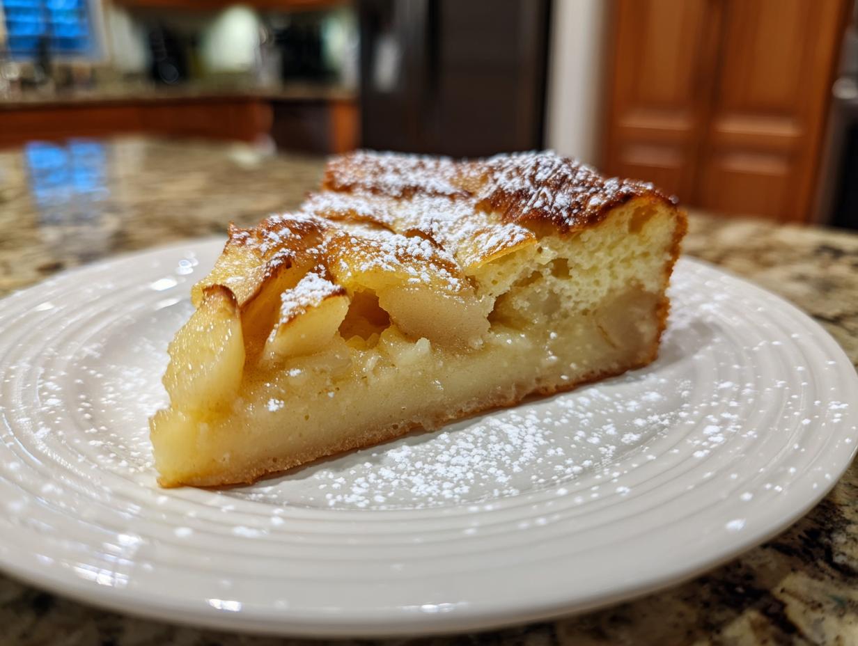 Ein köstliches Stück Apfelpfannkuchen aus dem Ofen, bestäubt mit Puderzucker auf einem weißen Teller.