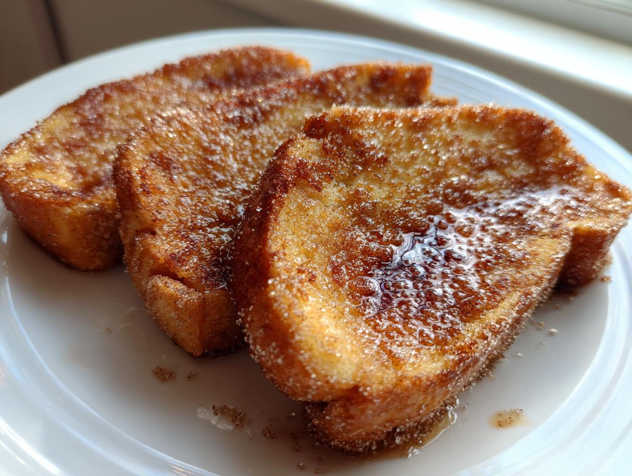 Drei dicke Scheiben goldbrauner Arme Ritter mit Zimt, übergossen mit Sirup, auf einem weißen Teller.