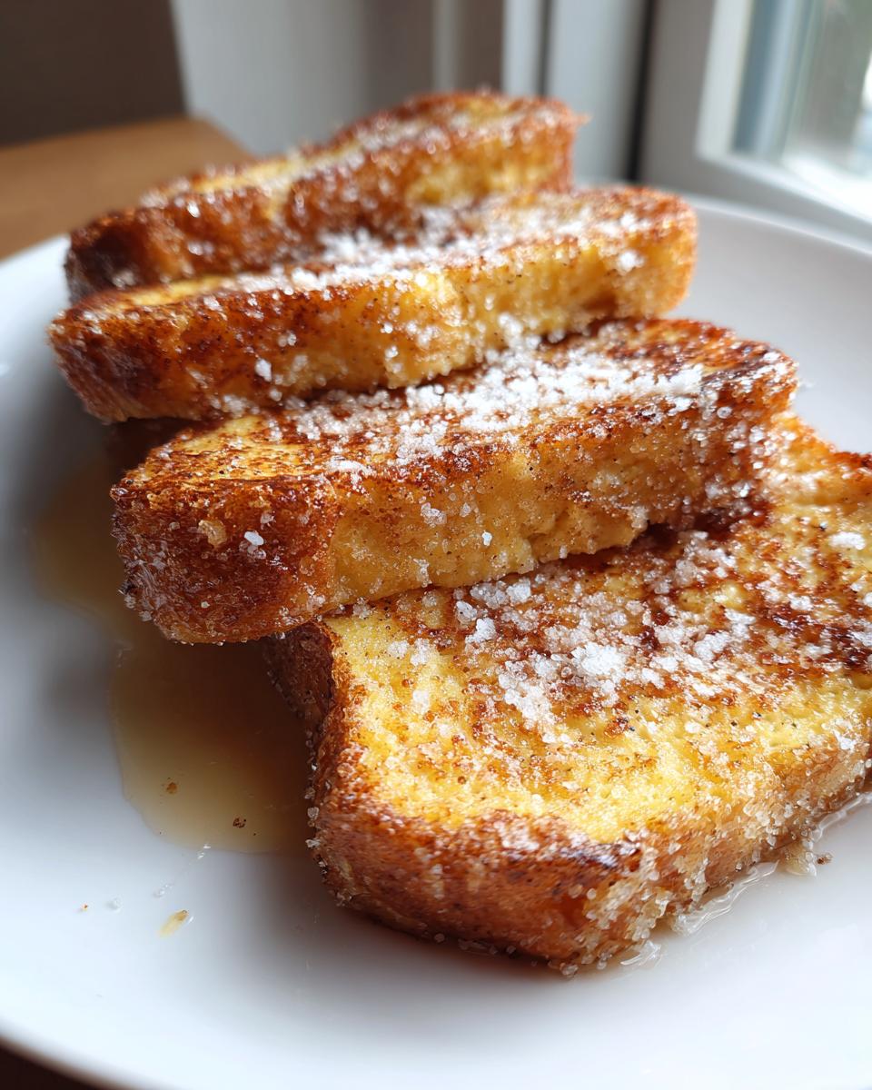 Nahaufnahme von vier goldbraunen Arme Ritter mit Zimt, dick mit Zucker bestreut, auf einem weißen Teller.