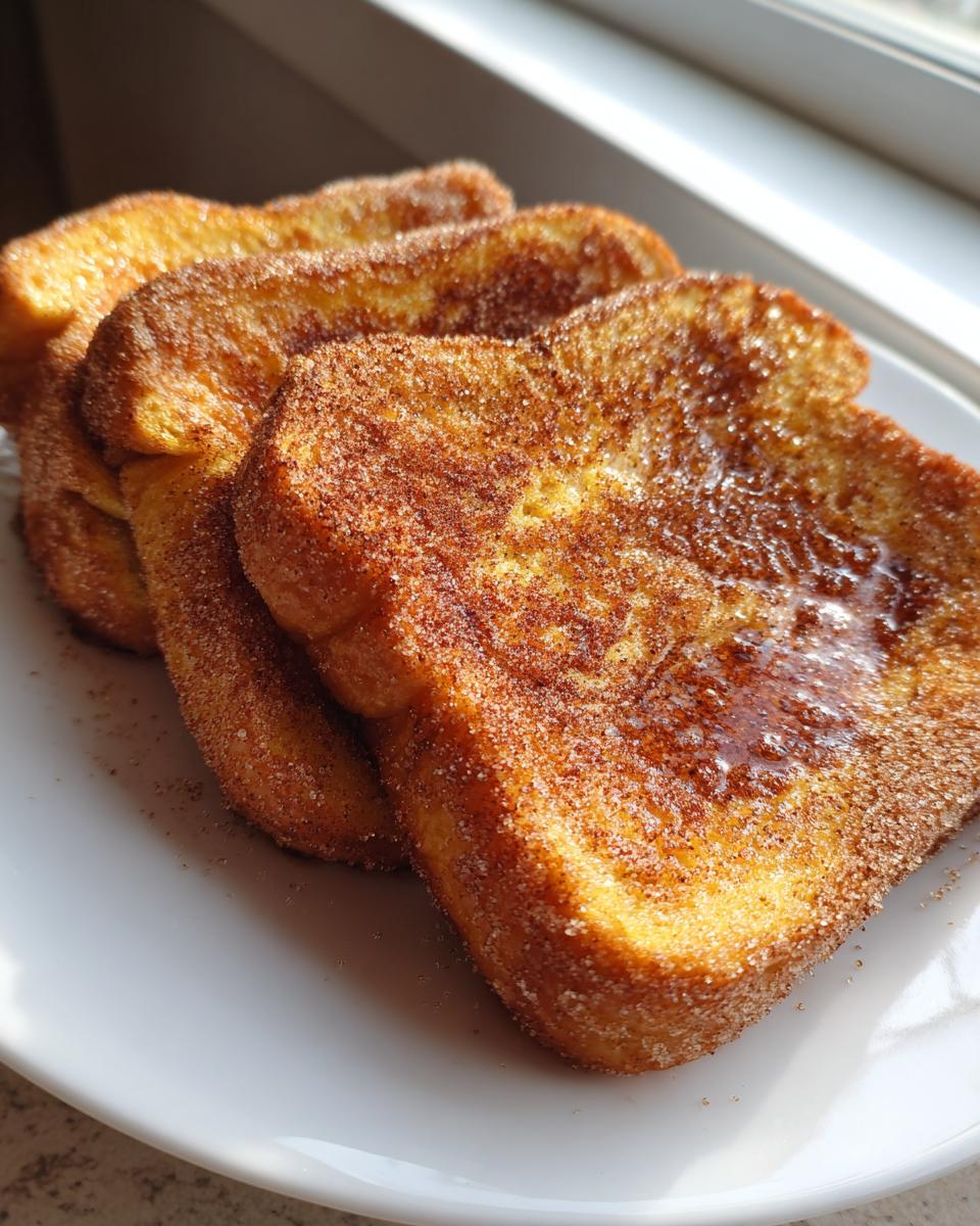 Nahaufnahme von drei goldbraunen Arme Ritter mit Zimt, üppig bestreut mit Zimtzucker.