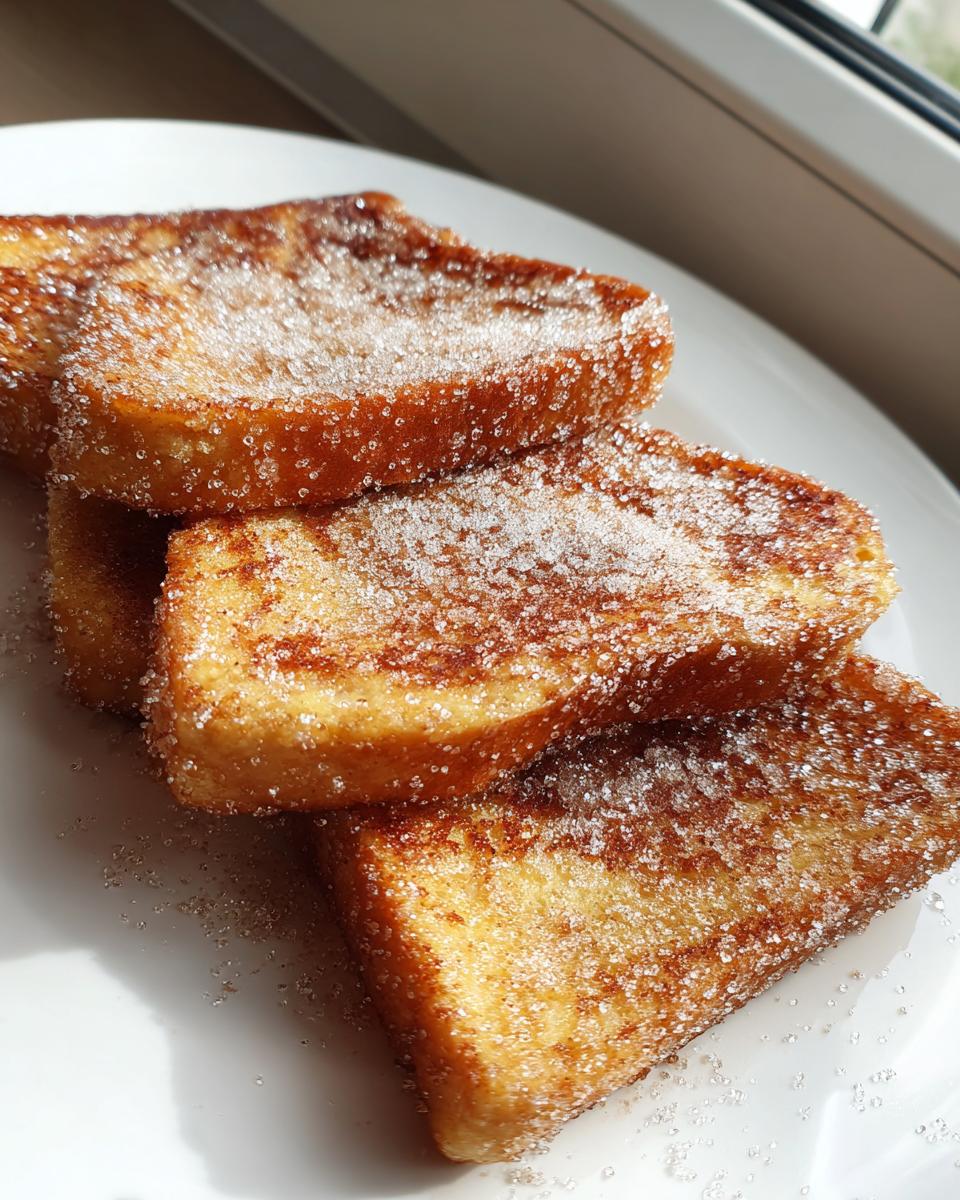 Nahaufnahme von vier goldbraunen Arme Ritter mit Zimt, dick bestreut mit Kristallzucker auf einem weißen Teller.