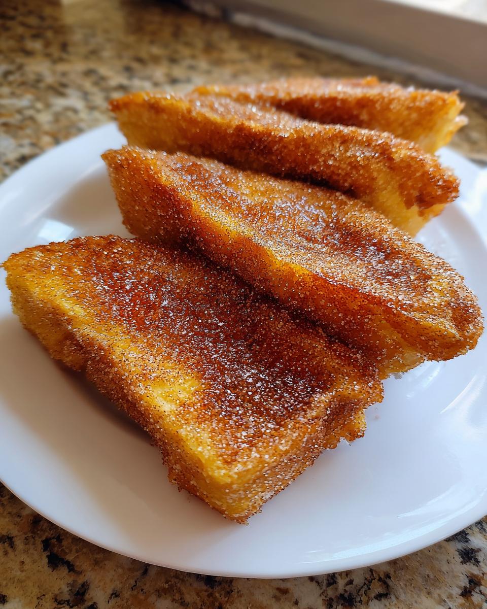 Vier dicke Scheiben goldbrauner Arme Ritter mit Zimt, reichlich mit Zimt-Zucker bestreut, auf einem weißen Teller.