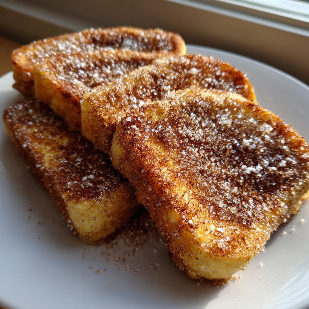 Vier goldbraune Scheiben Arme Ritter mit Zimt und Zucker auf einem weißen Teller.