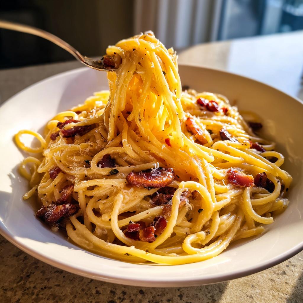 Eine Gabel zieht cremige Bacon-Parmesan-Spaghetti aus einer weißen Schüssel, üppig mit Speckstücken.